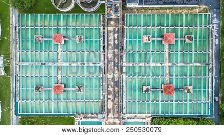 Aerial Top View Recirculation Solid Contact Clarifier Sedimentation Tank, Water Treatment Plant.