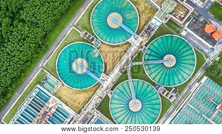 Aerial Top View Recirculation Solid Contact Clarifier Sedimentation Tank, Water Treatment Plant.