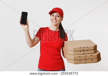 Woman In Red Cap, T-shirt Giving Food Order Italian Pizza In Cardboard Flatbox Boxes Isolated On Whi