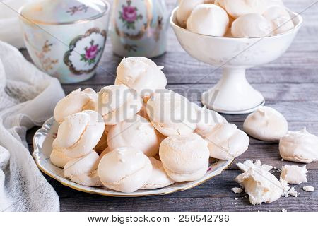 Turkish Beze Or Meringues On Wooden Table. Homemade Meringue.