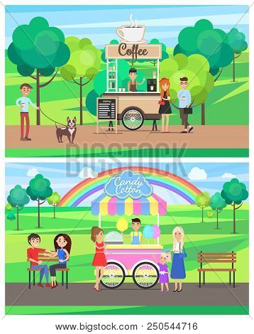 Street Food Posters Colorful Vector Illustrations, Green Nature Park With Rainbow Cup And Cloud Logo