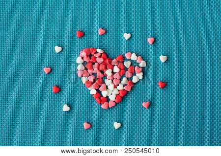 Candy Valentine's Hearts. Valentine Day Background With Red Hearts, Top View.