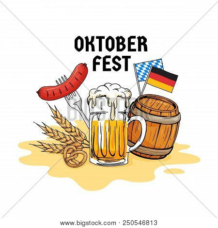 Oktoberfest Hand Drawn Vector Illustration. Munich Beer Festival Concept With Vintage Old Style Desi