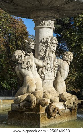 Back View Of The Artichoke Fountain, In Retiro Park, Madrid, Spain. It Was Built In 1781, By The Arc