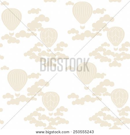Illustration Of Hot Air Balloons On The Sky In Beige And White. Light And Clean Style. Seamless Patt