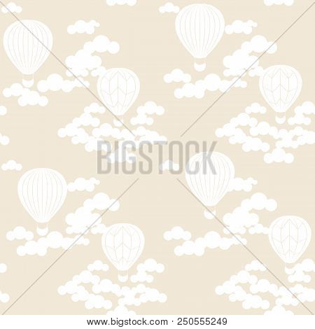 Illustration Of Hot Air Balloons On The Sky In Beige And White. Light And Clean Style. Seamless Patt