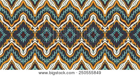 Ikat Seamless Pattern. Vector Tie Dye Shibori Print With Stripes And Chevron. Ink Textured Japanese 