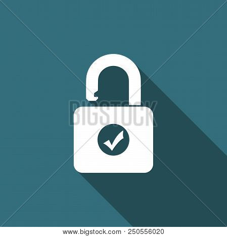 Open Padlock And Check Mark Icon Isolated With Long Shadow. Security Check Lock Sign. Flat Design. V