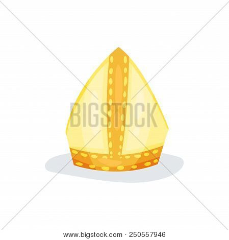 Illustration Of Golden Papal Tiara Or Pope Tiara. Shiny Gold Hat Of Church Servant. Religious Object