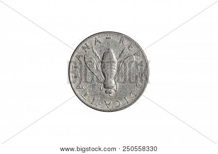 Two Italian Lire Coin Close-up From 1950s Italy, Head Side With Bee Icon. Isolated On White Studio B