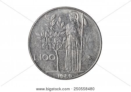 Hundred Italian Lira Coin Close-up From 1980s Italy. Tail Side With Minerva Roman Goddess Of War. Is