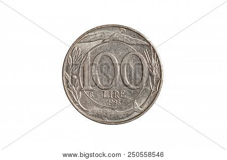Hundred Italian Lira Coin Close-up From 1990s Italy. Tail Side With A Olive Tree, Dolphin, Seagull A