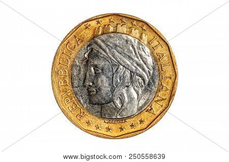 1000 Italian Lire Coin Close-up From 1990s Italy, Head Side With Italia Turrita Icon. Isolated On Wh