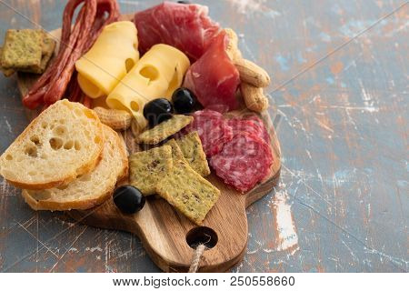 Platter With Spanish Ham Jamon Serrano Or Italian Prosciutto Crudo, Sliced Italian Hard Cheese Pecor