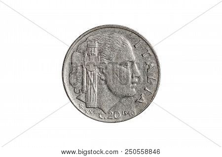 20 Cents Of Italian Lira Coin Close-up From 1940s Italy, Tail Side With Fascio Littorio Icon. Isolat
