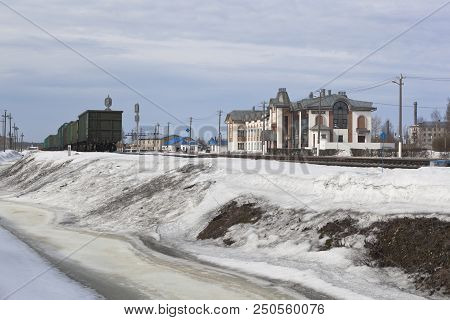Velsk, Arkhangelsk Region, Russia - April 6, 2018: Commodity Composition At The Railway Station Vels