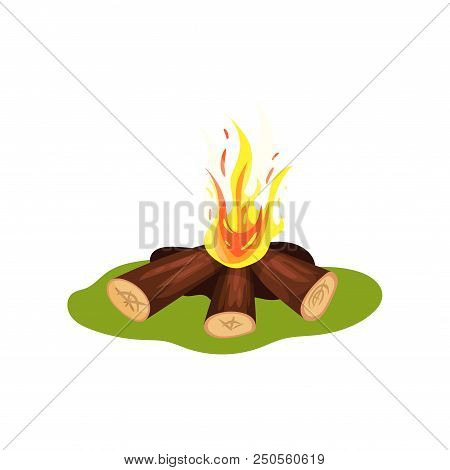Burning Bonfire On Green Grass. Firewood And Hot Yellow-orange Fire. Element Of Stone Age. Design Fo