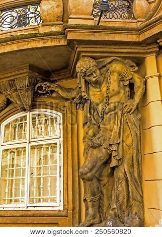 Prague, Czech Republic. Detail Of Entrance To The Embassy Of Romania In Old Historic Town. Sculpture