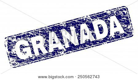 Granada Stamp Seal Print With Grunge Texture. Seal Shape Is A Rounded Rectangle With Frame. Blue Vec