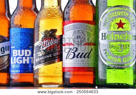 Poznan, Pol - July 19, 2018: Bottles Of Famous Global Beer Brands Including Heineken, Bud, Miller, T