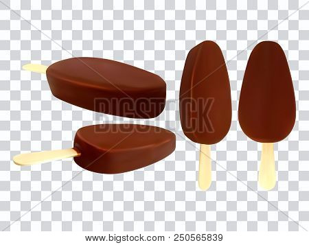 Set Of Ice Cream In Chocolate Glaze At Transparent Background Realistic Vector Illustration.