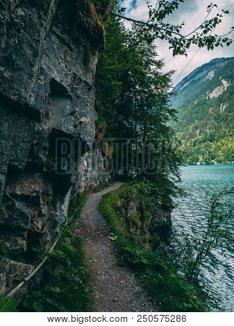 Dangerous Mountain Path At A Lake In The Swiss Alps, Hiking Klontalersee Switzerland