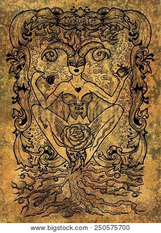 Lust. Latin Word Luxuria Means Sexual Desire. Seven Deadly Sins Concept On Grunge Background. Hand D