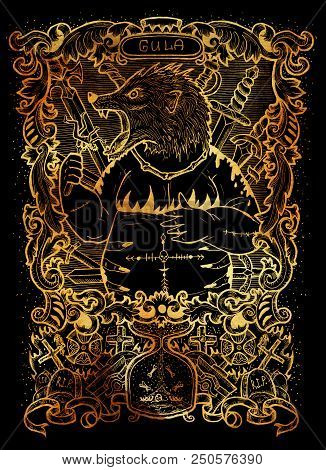 Gluttony. Latin Word Gula Means Obesity. Seven Deadly Sins Concept On Black Background. Hand Drawn E