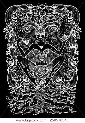 Lust. Latin Word Luxuria Means Sexual Desire. Seven Deadly Sins Concept, White Silhouette On Black B