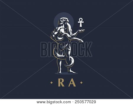 Egyptian God Ra Keeps The Ankh. Vector Emblem.