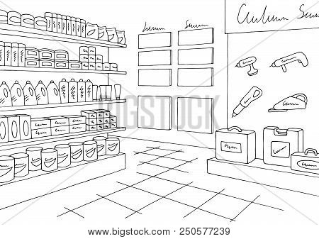Hardware Store Graphic Black White Interior Sketch Illustration Vector
