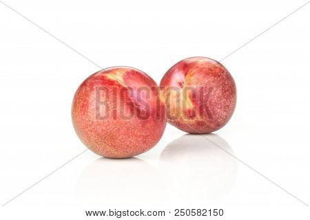 Group Of Two Whole Fresh Pluot Interspecific Plums Variety Isolated On White