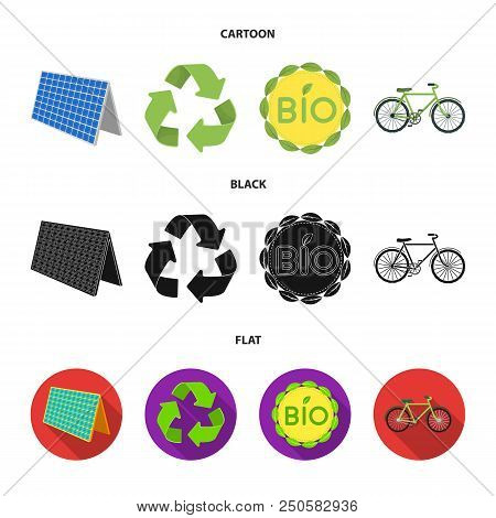 Bio Label, Eco Bike, Solar Panel, Recycling Sign.bio And Ecology Set Collection Icons In Cartoon, Bl