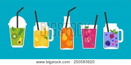 Collection Of Different Colorful Smoothies, Fruit Shakes In A Bottles, Glass, Mason Jars