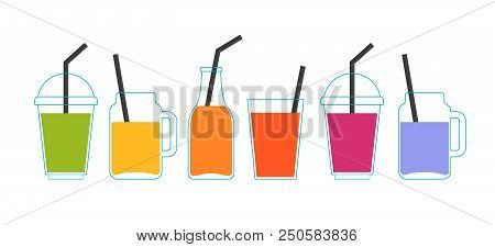 Collection Of Different Colorful Smoothies, Fruit Shakes In A Bottles, Glass, Mason Jars