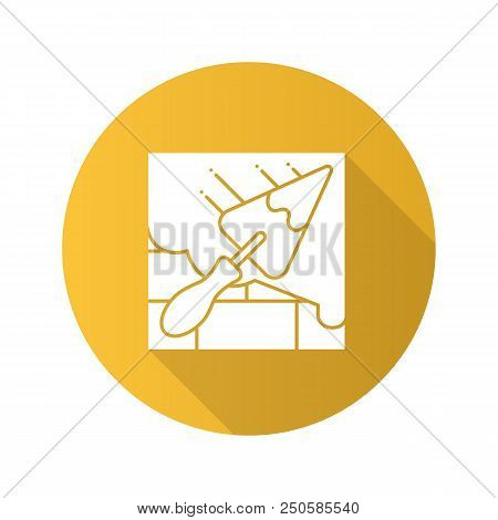 Brick Wall With Triangular Shovel Flat Linear Long Shadow Icon. Cement Solution. Putty Knife, Spatul