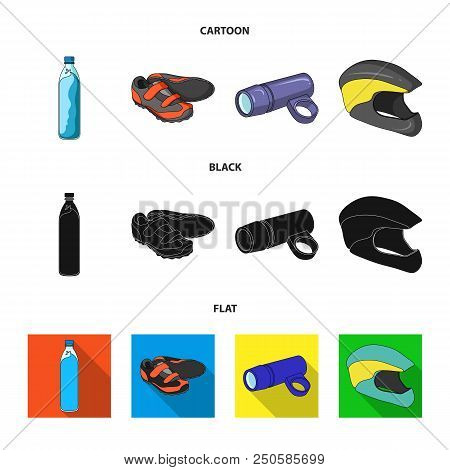 A Bottle Of Water, Sneakers, A Flashlight For A Bicycle, A Protective Helmet.cyclist Outfit Set Coll