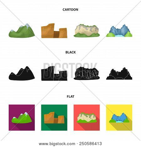 Green Mountains With Snow Tops, A Canyon, Rocks With Forests, A Lagoon And Rocks. Different Mountain