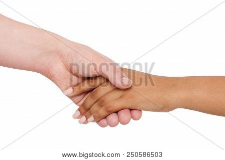 Holding Hands Couple Of A Mixed Race Isolated On White Background