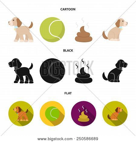 Dog Sitting, Dog Standing, Tennis Ball, Feces. Dog Set Collection Icons In Cartoon, Black, Flat Styl
