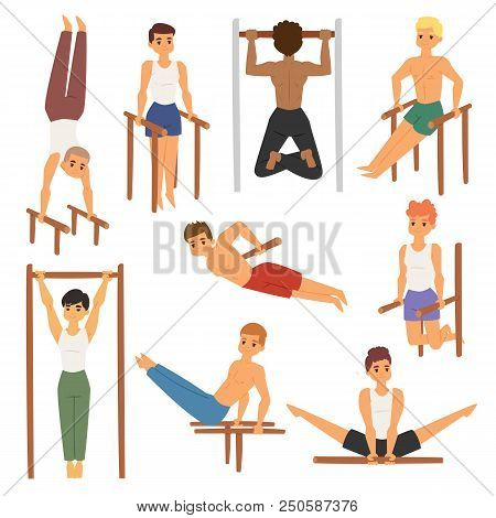 Cartoon Horizontal Chin-up Street Workout Strong Athlete Vector Man Gym Doing Bar Exercise Street Ha
