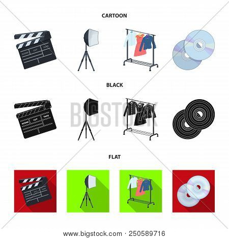 Movies, Discs And Other Equipment For The Cinema. Making Movies Set Collection Icons In Cartoon, Bla