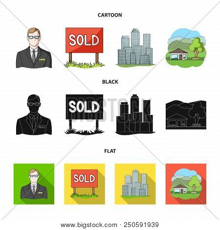 Employee Of The Agency, Sold, Metropolis, Country House. Realtor Set Collection Icons In Cartoon, Bl