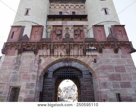 Focus On Gate Of Spalen At European 14th Century City Walls In Basel At Switzerland With Clear Blue 