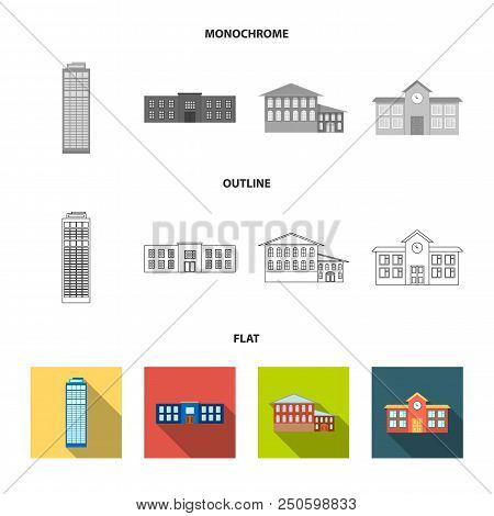 Skyscraper, Police, Hotel, School.building Set Collection Icons In Flat, Outline, Monochrome Style V