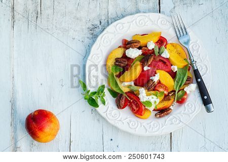 Summer Peach Tomato Salad With Basil, Baby Spinach, Feta Cheese And Pecan Nuts. Summer Appetizer Foo