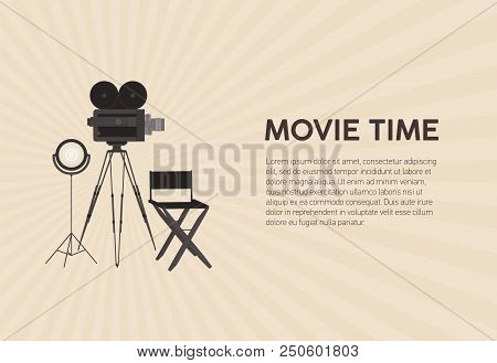 Horizontal Poster Template For Movie Festival With Retro Film Camera Standing On Tripod, Studio Lamp
