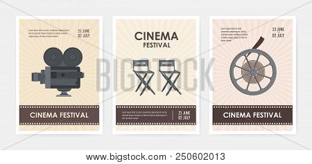 Bundle Of Vertical Flyer Or Poster Templates With Retro Camera, Director And Producer Chairs, Film R