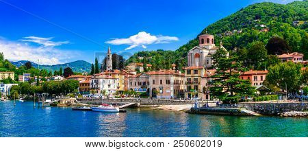 Picturesque lake Lago Maggiore. beautiful Laveno Mombello town. north of Italy