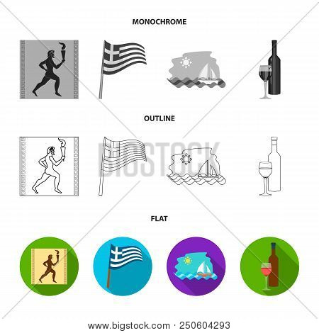 Greece, Running, Wine, Flag .greece Set Collection Icons In Flat, Outline, Monochrome Style Vector S